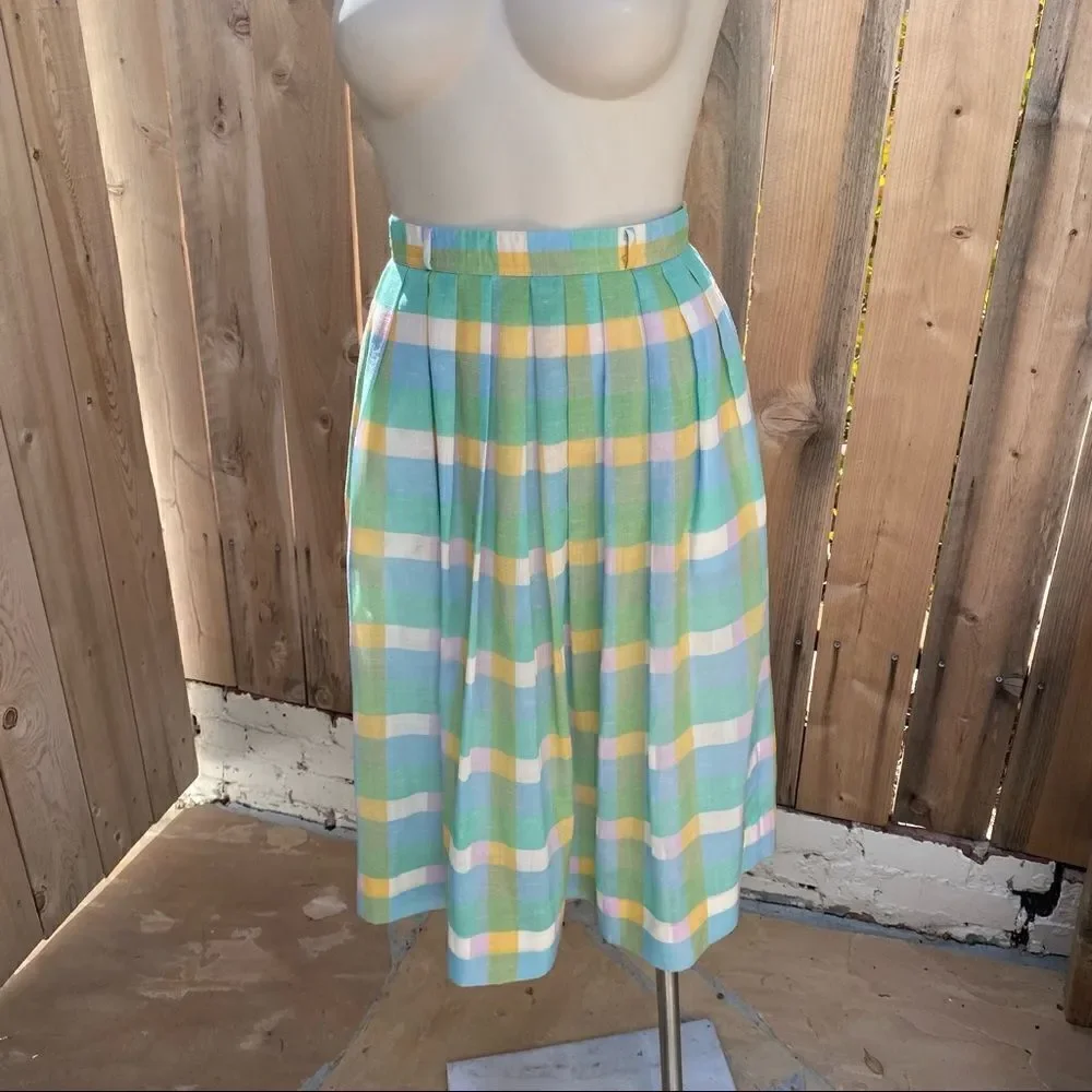Vintage 70’s Pastel Blue green Yellow White Plaid Pleated Midi Skirt